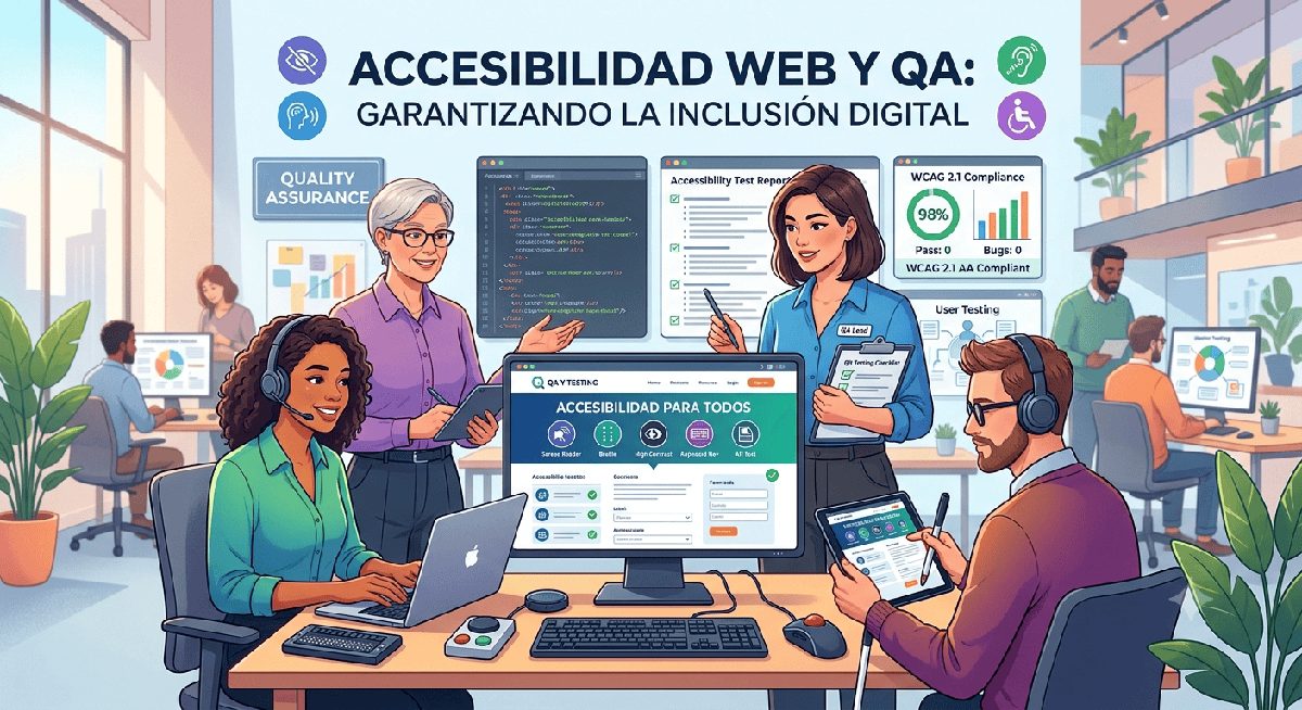 Ilustración generada por IA de un equipo de QA trabajando en accesibilidad web, con un dashboard ficticio marcando 98% de cumplimiento WCAG 2.1 AA en verde.