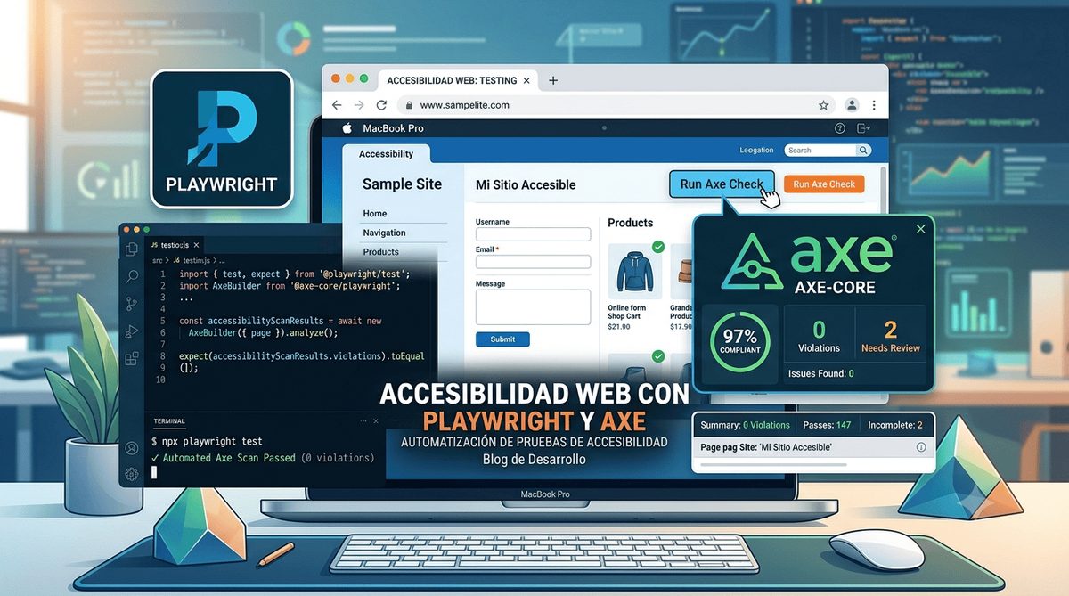 Escritorio ilustrado con un test de Playwright en el editor, una web de ejemplo abierta en el navegador y el panel de resultados de axe-core mostrando 97% compliant, 0 violaciones y 2 casos a revisar manualmente.