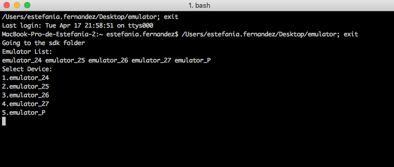 Terminal ejecutando el script emulator.sh, con la lista de emuladores disponibles para seleccionar.