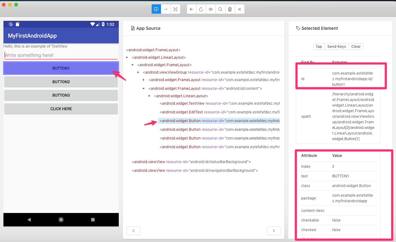 Propiedades de un elemento seleccionado en Appium Inspector.