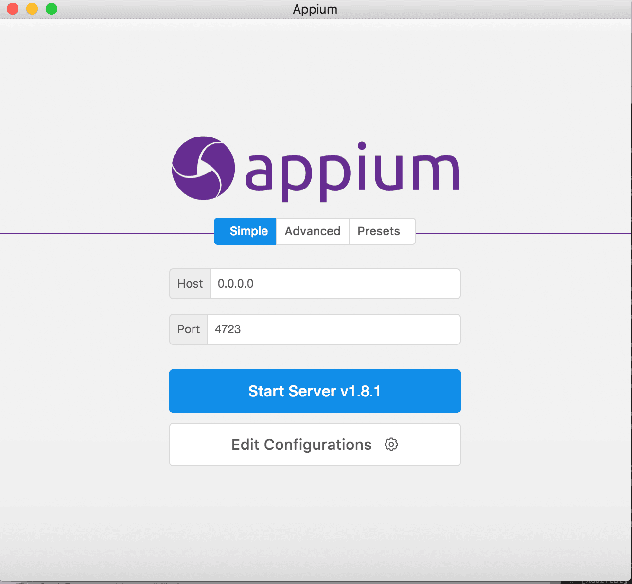Pantalla de inicio de Appium Desktop con el botón Start Server.