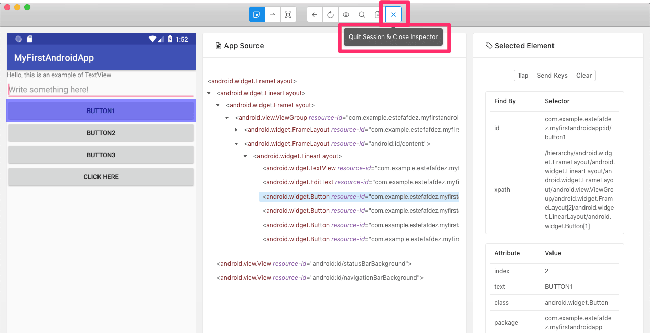 Botón para terminar la sesión en Appium Inspector.