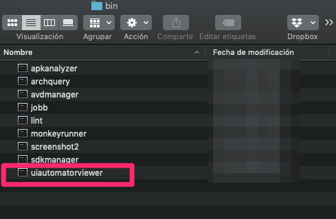 Aplicación UIAutomatorViewer abierta tras ejecutarla desde la carpeta tools/bin del SDK.
