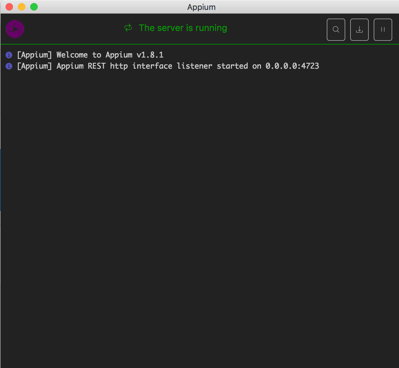 Appium Server ya arrancado, con el icono de la lupa para abrir el Inspector.