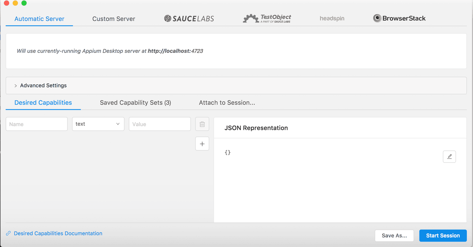 Pantalla de nueva sesión de Appium Inspector con la opción Automatic Server.