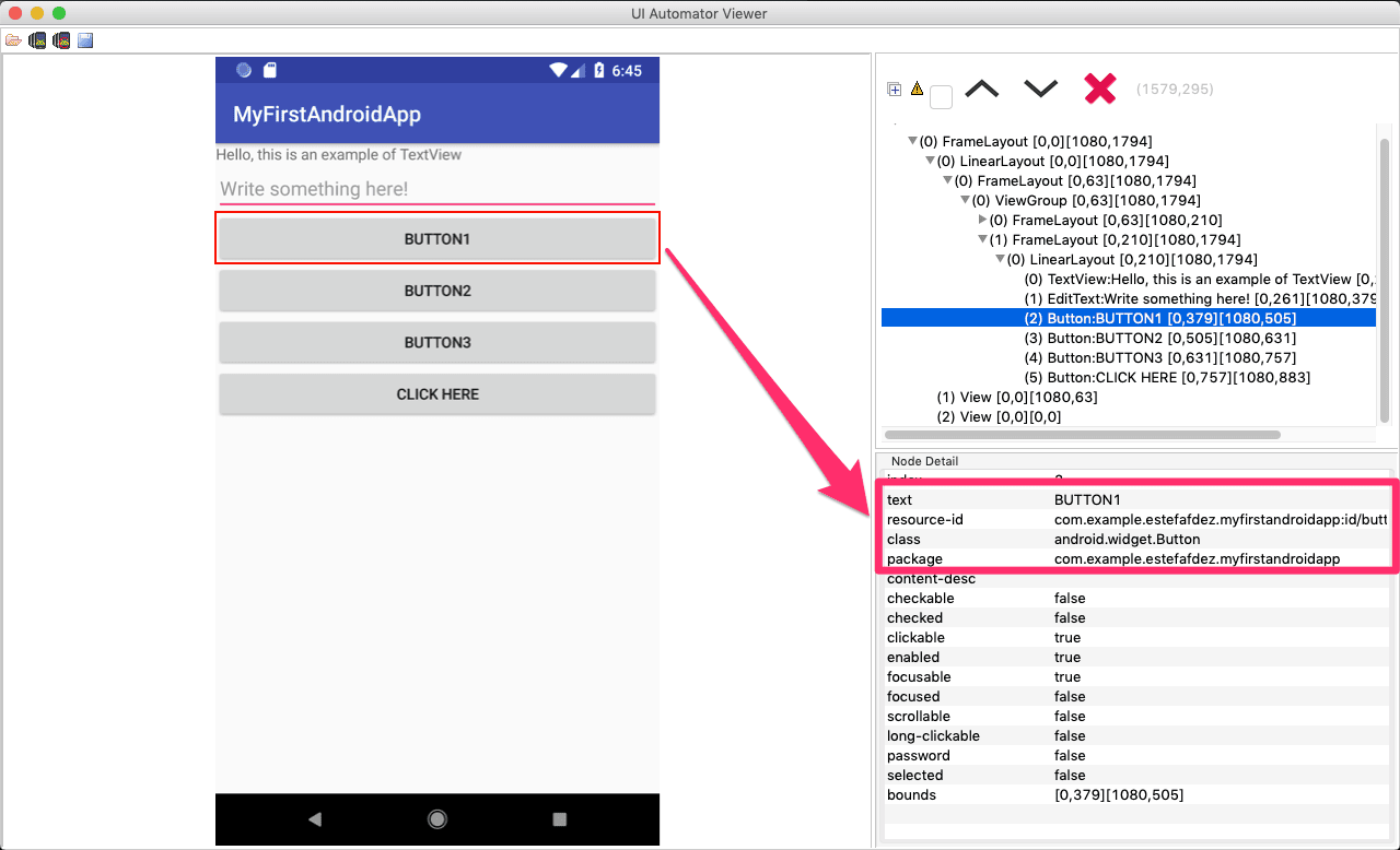 UIAutomatorViewer mostrando las propiedades de un elemento seleccionado, como text y resource-id.