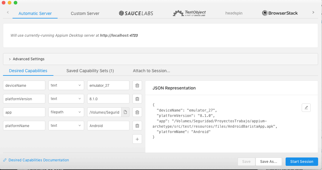 Capabilities configuradas en Appium Inspector: deviceName, platformName, platformVersion y app.
