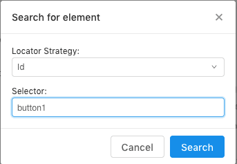 Formulario de búsqueda de elemento en Appium Inspector, con la estrategia ID seleccionada.