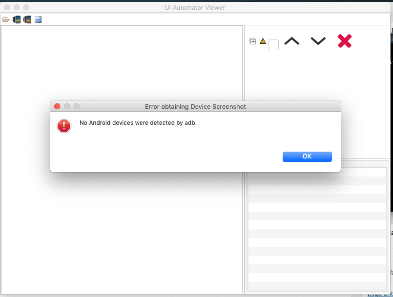 Mensaje de error mostrado por UIAutomatorViewer.