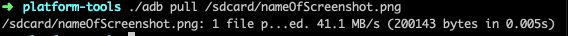 Terminal ejecutando el comando adb pull para copiar la captura del emulador al equipo.
