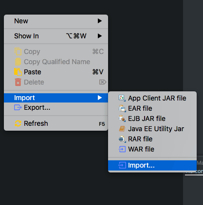 Diálogo de Eclipse File > Import con la opción Existing Projects into Workspace seleccionada.