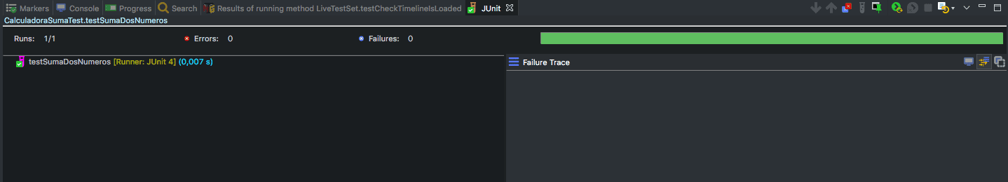 Resultados de la ejecución de los tests JUnit en Eclipse.
