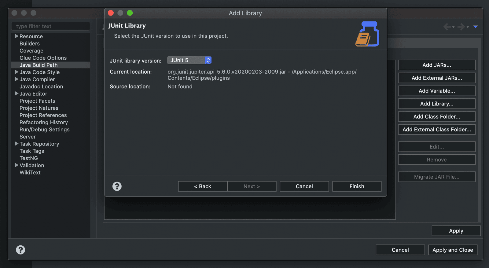 Diálogo de Configure Build Path de Eclipse añadiendo la librería JUnit.