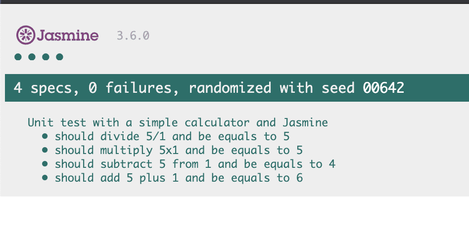 Resultado en el navegador de ejecutar los tests de la calculadora con Jasmine, mostrando las operaciones y sus resultados.