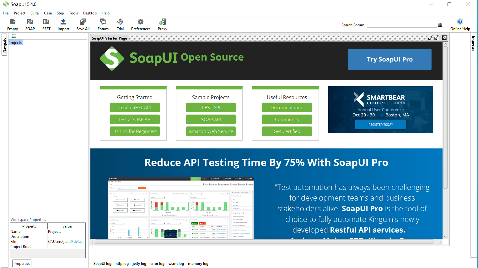 Pantalla de inicio de la aplicación SoapUI Open Source, con accesos a proyectos de ejemplo y recursos.
