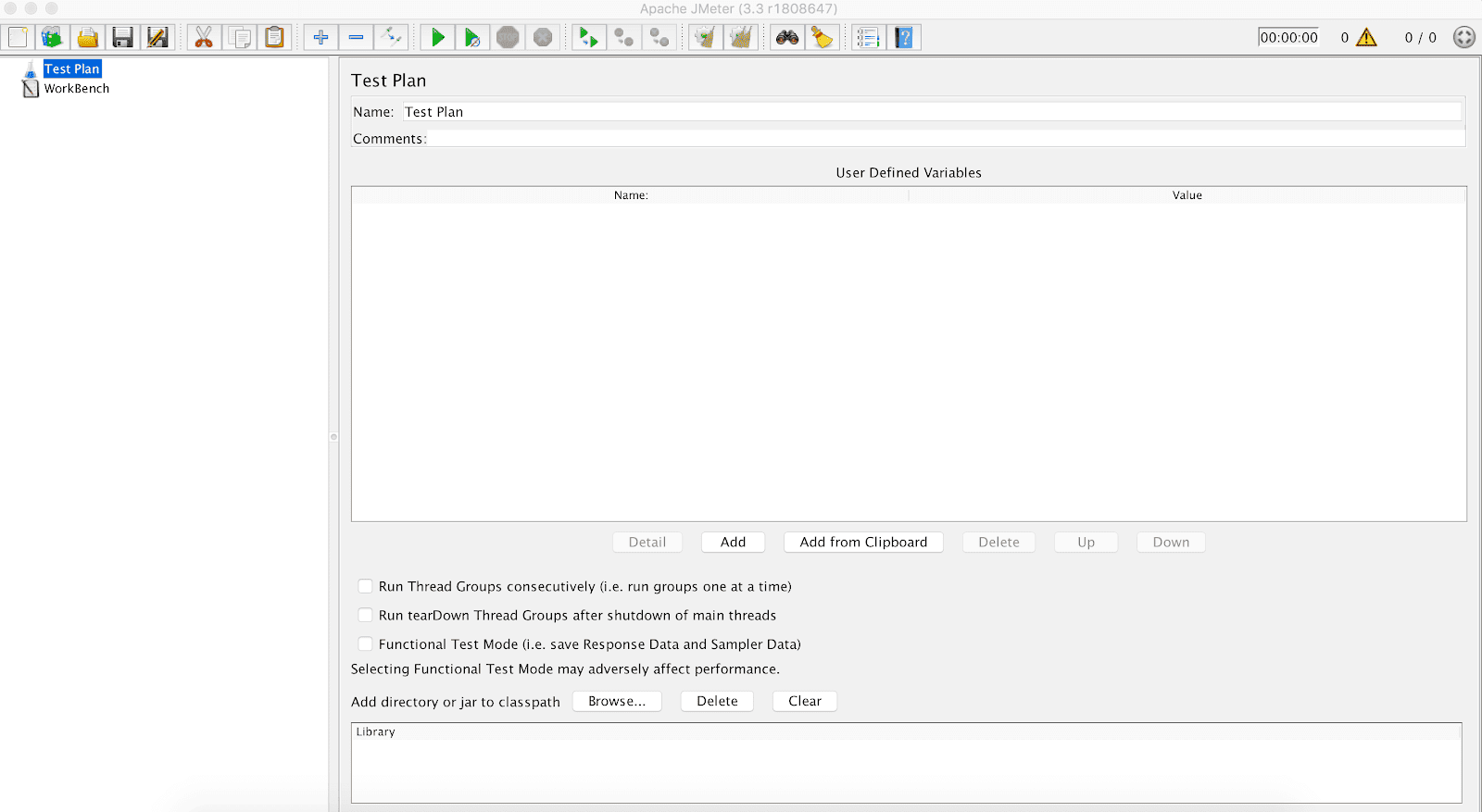 Interfaz de Apache JMeter con la ventana de configuración del Test Plan.