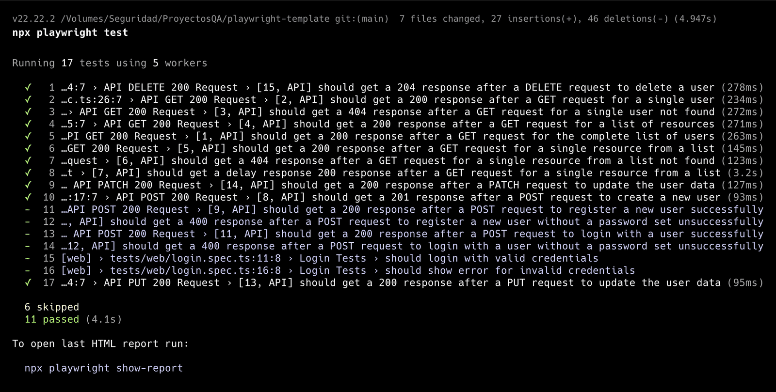 Terminal mostrando el resultado de la ejecución de los tests de Playwright.