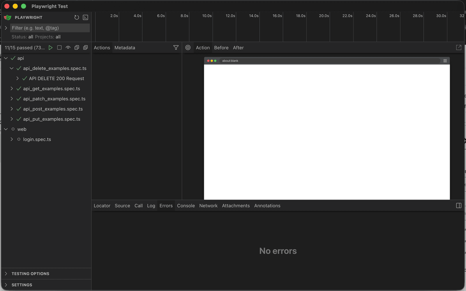 Interfaz del UI Mode de Playwright, con la lista de tests y el navegador en tiempo real.
