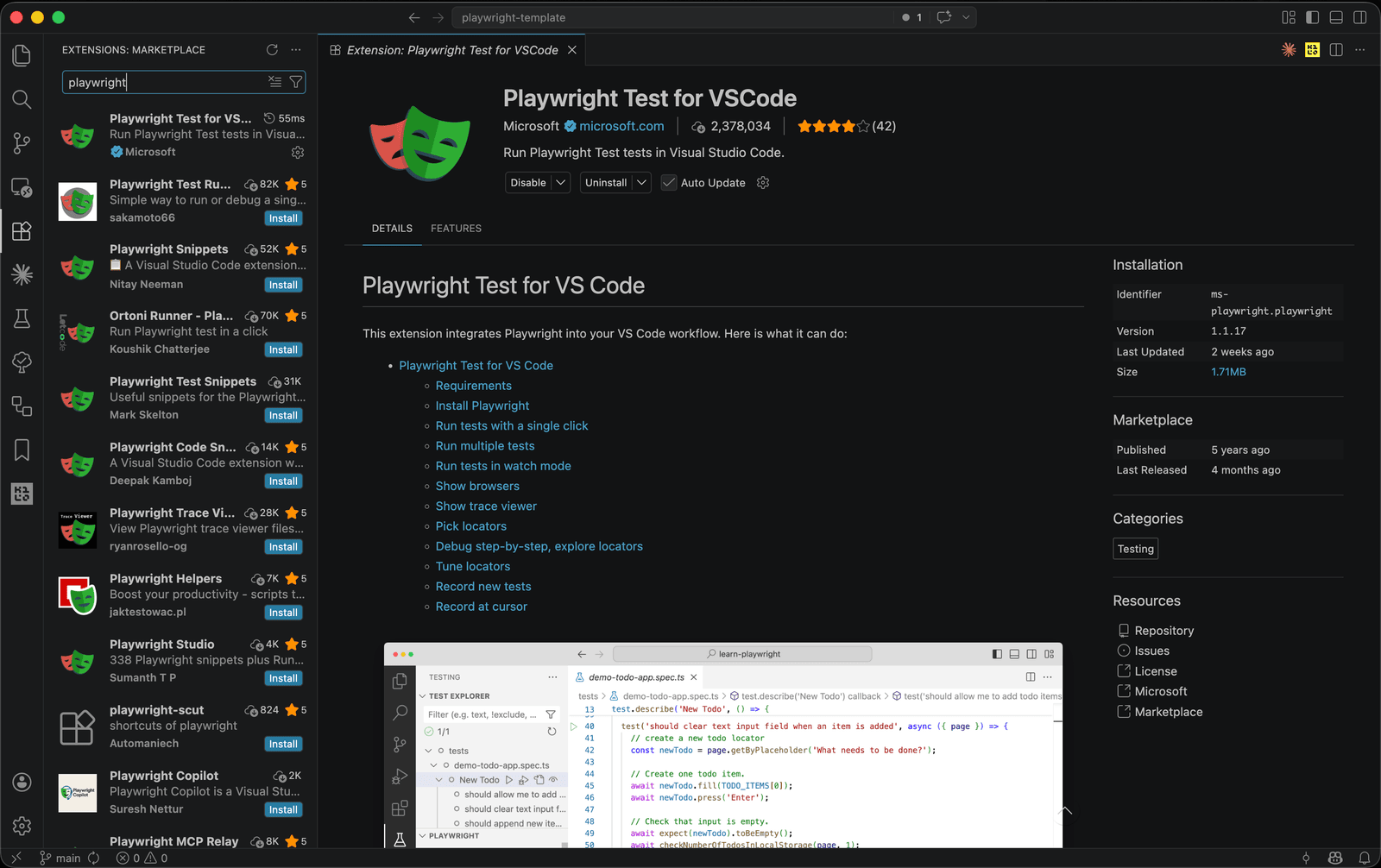 Instalación de la extensión oficial de Playwright para VS Code.