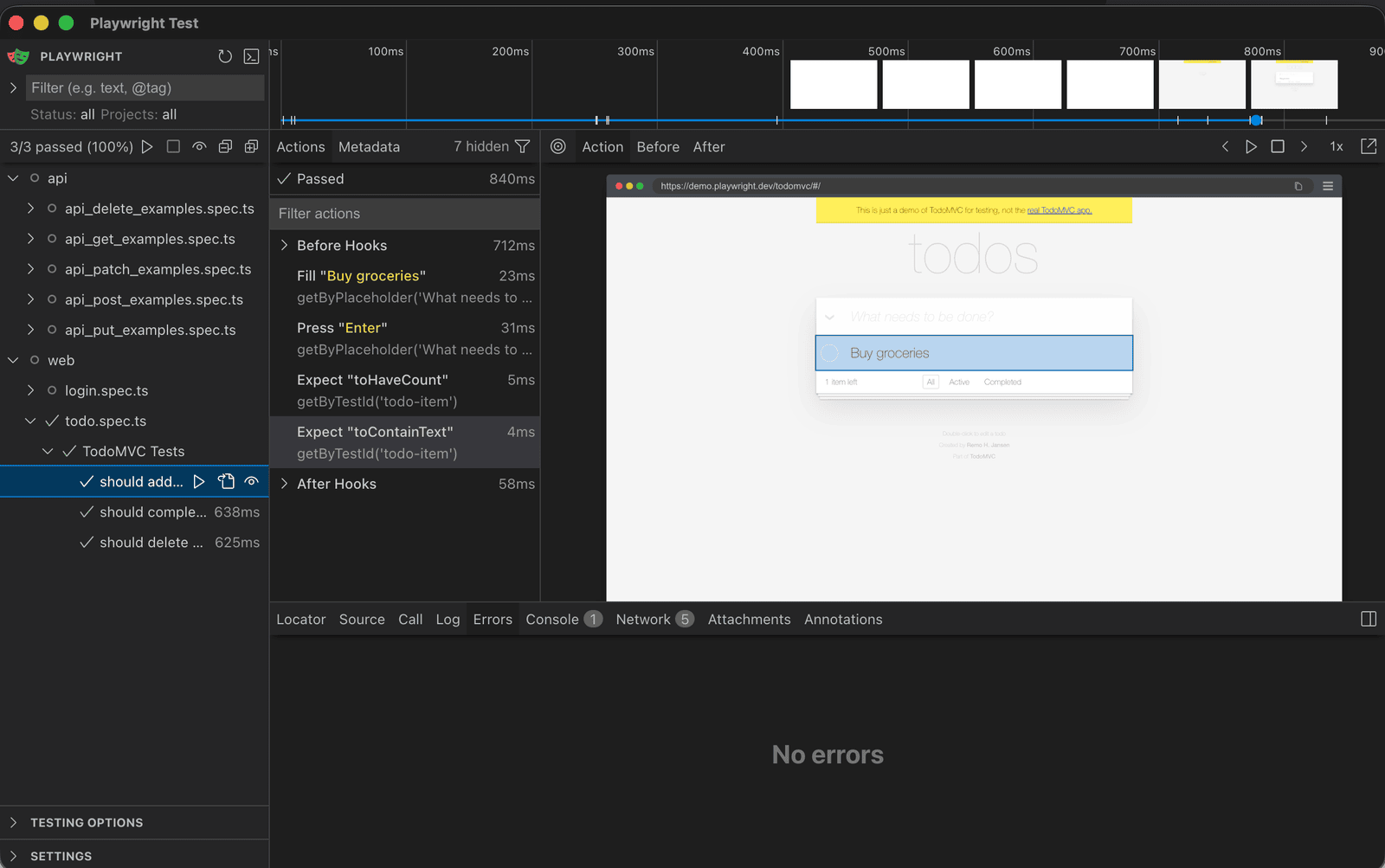UI Mode de Playwright mostrando los pasos del test y el estado del navegador.